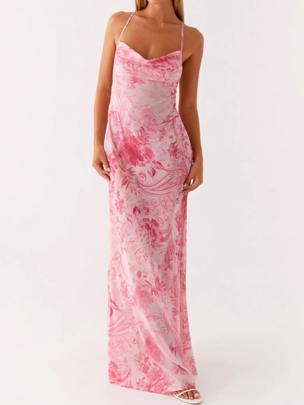 NEW - Peppermayo Tara Maxi Sheer Dress Pink Print Open Lace-Up Back